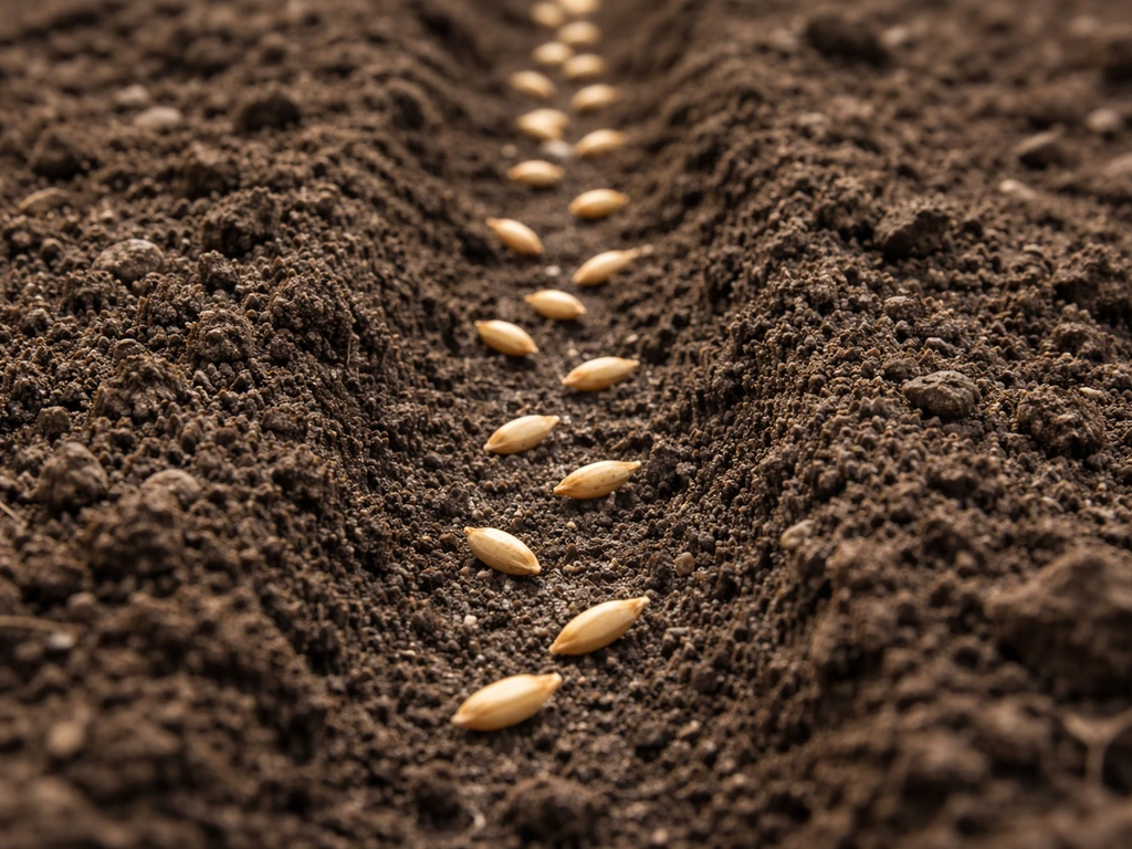 Fresh cereal grain seeds planted in soil with a clear seed row, showing the start of the straw-growing hack.