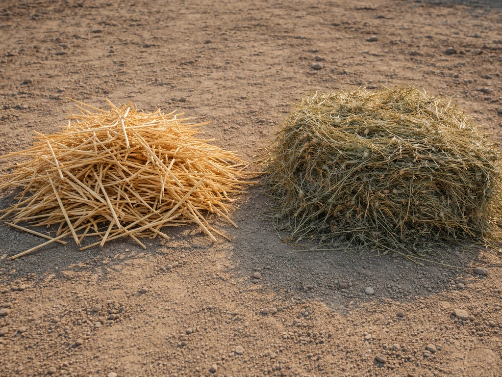 Side-by-side dry wheat/oat straw stalks and bundled leafy hay in natural daylight.
