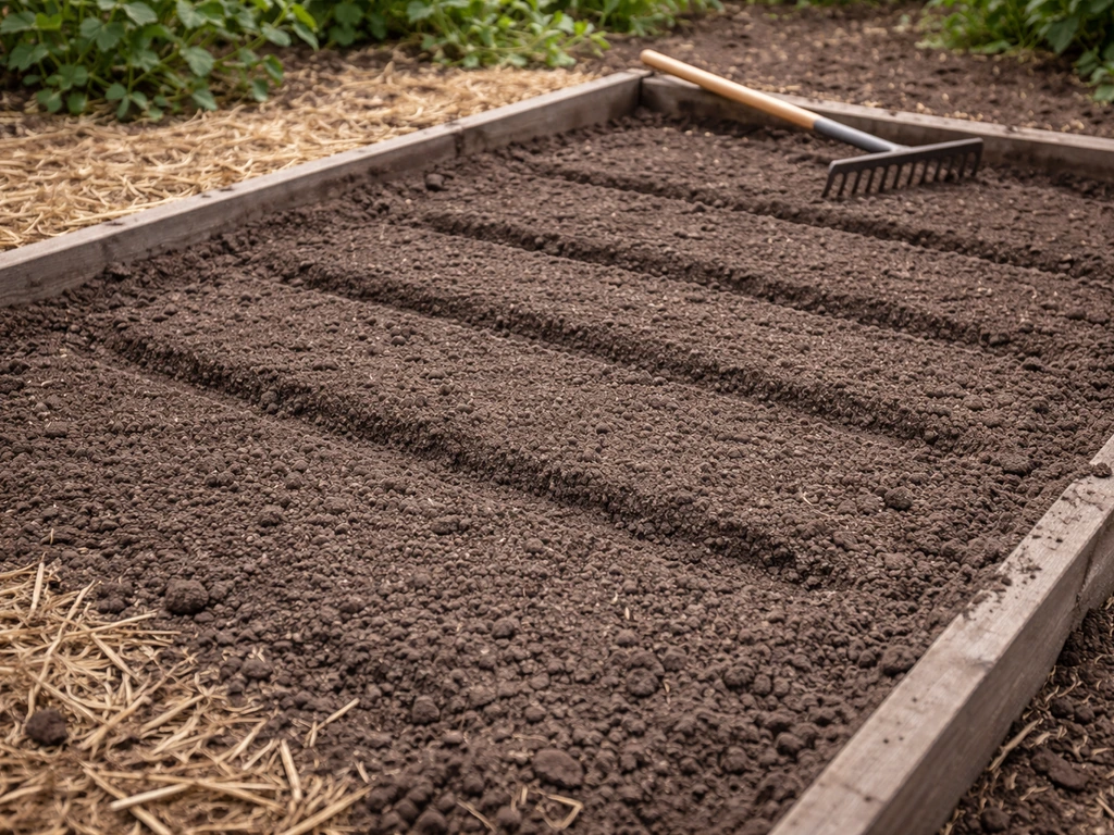 Raked home garden bed with neat rows of soil ready for winter wheat and rye planting