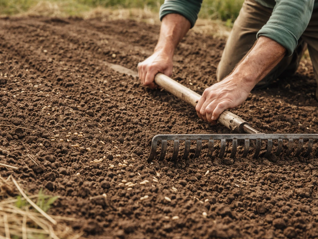 Hands raking a freshly broadforked seedbed for straw grains, showing fine tilth and soil contact.