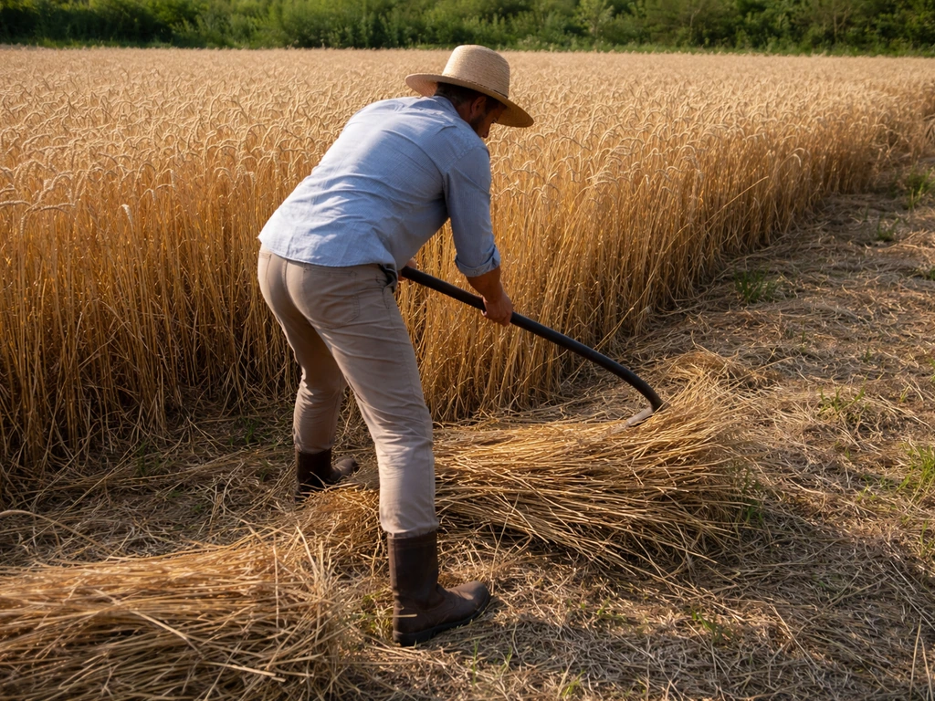 Golden-yellow grain straw being cut with a scythe in a simple field scene.