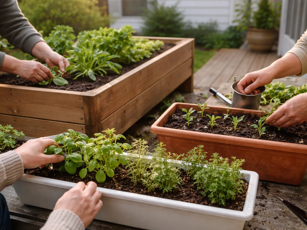 Anonymous hands tending raised bed, patio container, and windowsill planters with green seedlings.