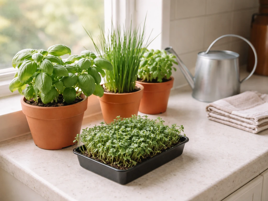 Herbs and microgreens growing in small pots on a sunny windowsill with a watering can nearby.