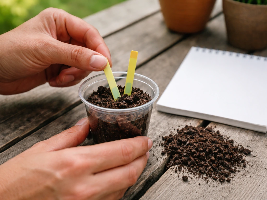 Close-up of hands using soil pH test strips with a small soil sample cup before planting.