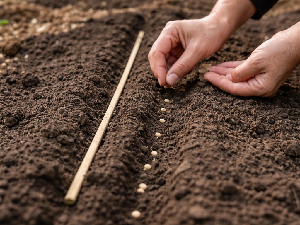 Hands sowing vegetable seeds into shallow furrows with even spacing in a garden bed.