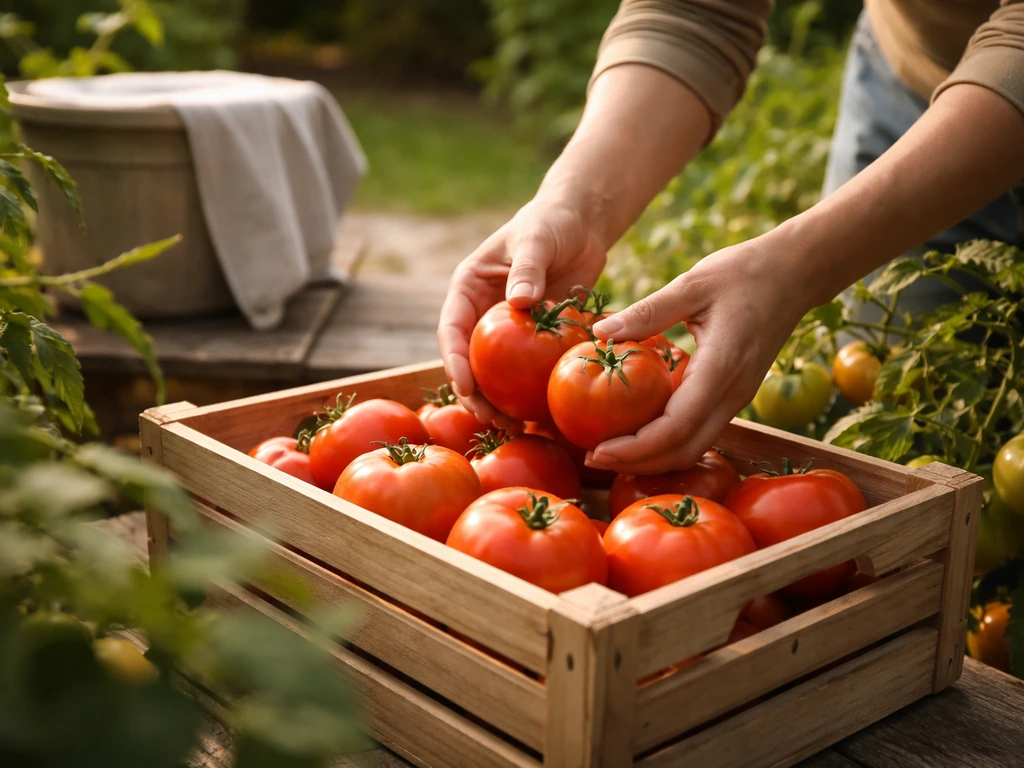 Ripe tomatoes being placed into a ventilated wooden crate next to a simple cooling setup.