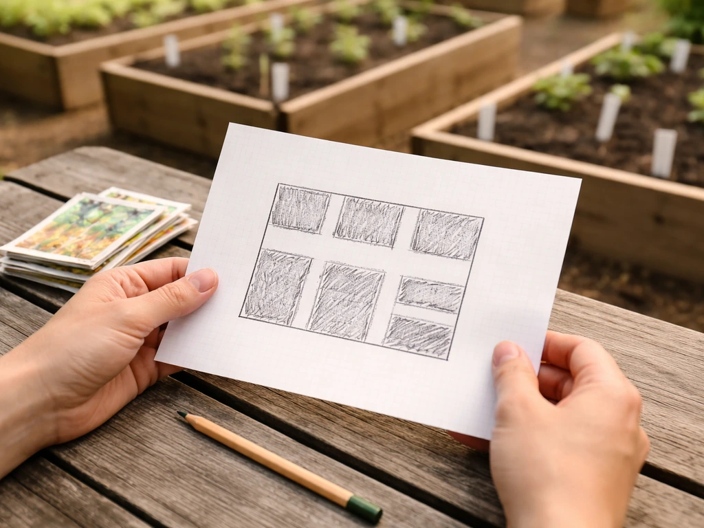 Hands reviewing a simple garden bed sketch plan on a patio table beside raised beds.