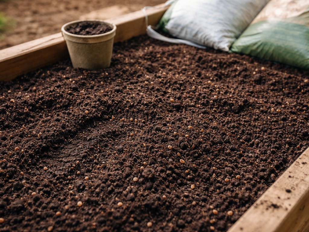 Close-up of a prepared raised garden bed with amended soil, compost, and castings ready for planting.