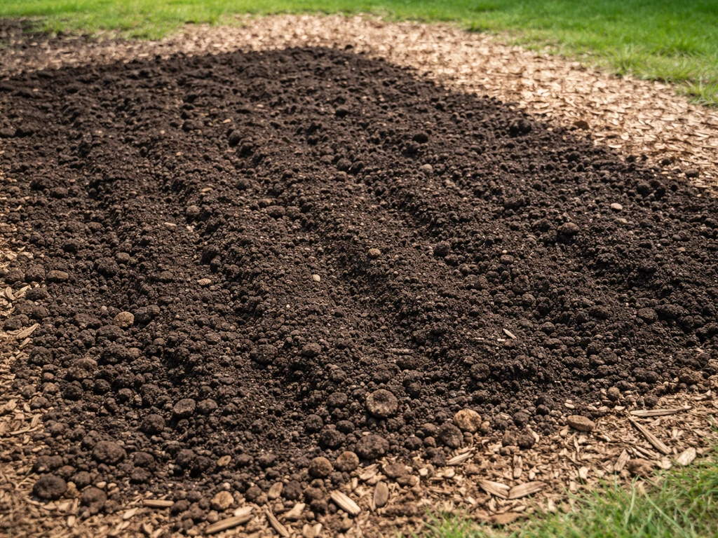 Loosened in-ground bed soil with compost spread evenly, visible fork/tiller marks.