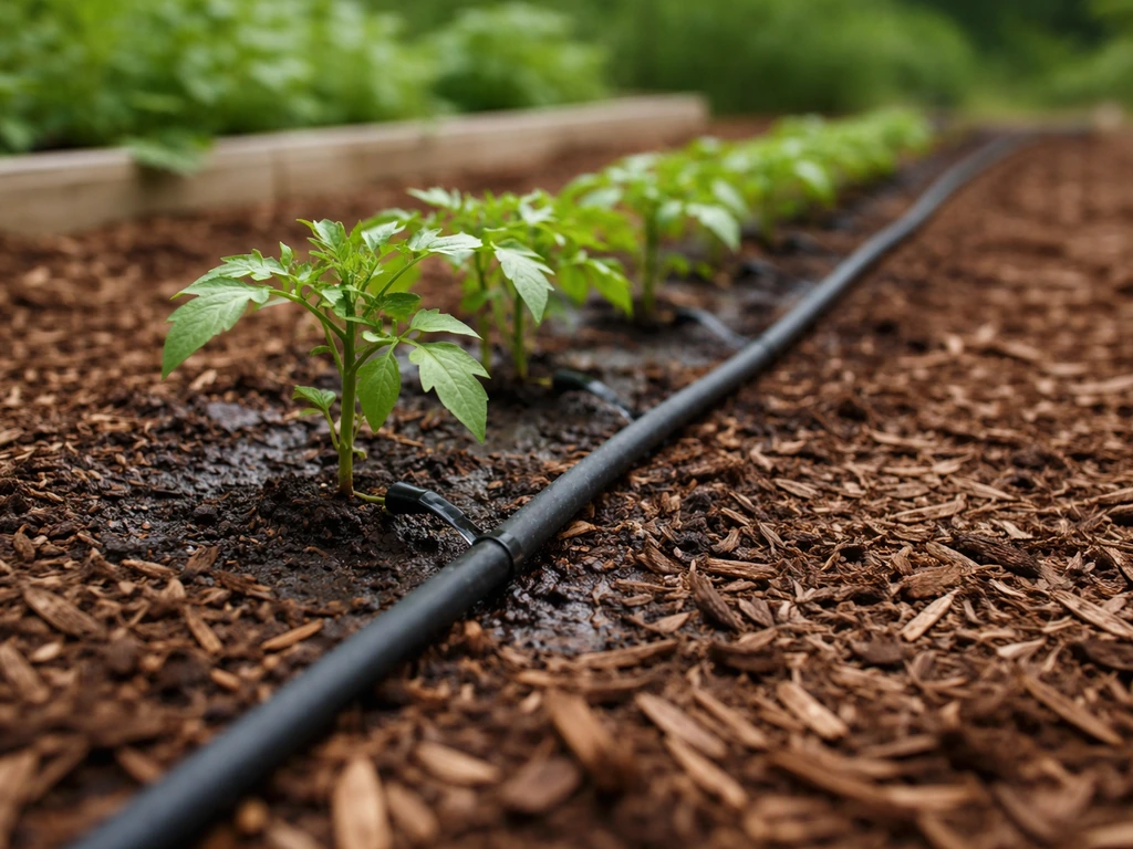 Mulched vegetable row with a drip irrigation hose running alongside plants and lightly wet soil.