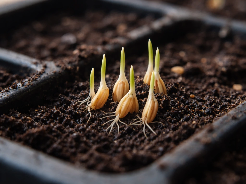 Rice seeds germinating in moist soil with tiny roots and early green seedlings.