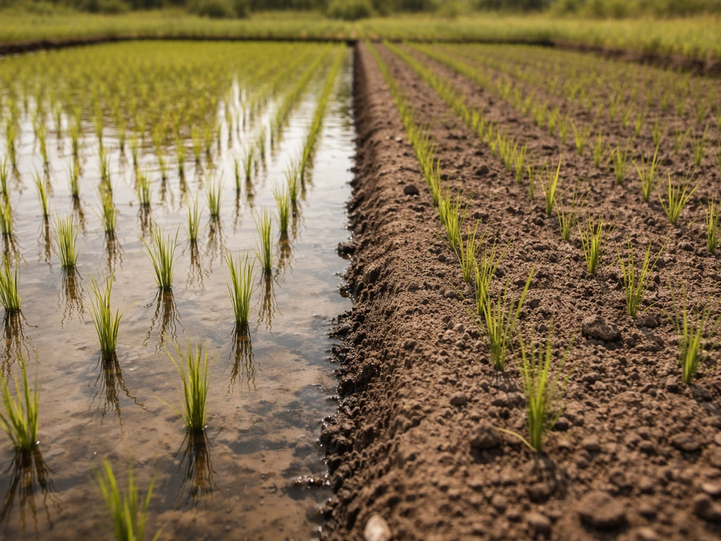 Close view of flooded paddy rice bed with shallow water beside a dry upland rice plot
