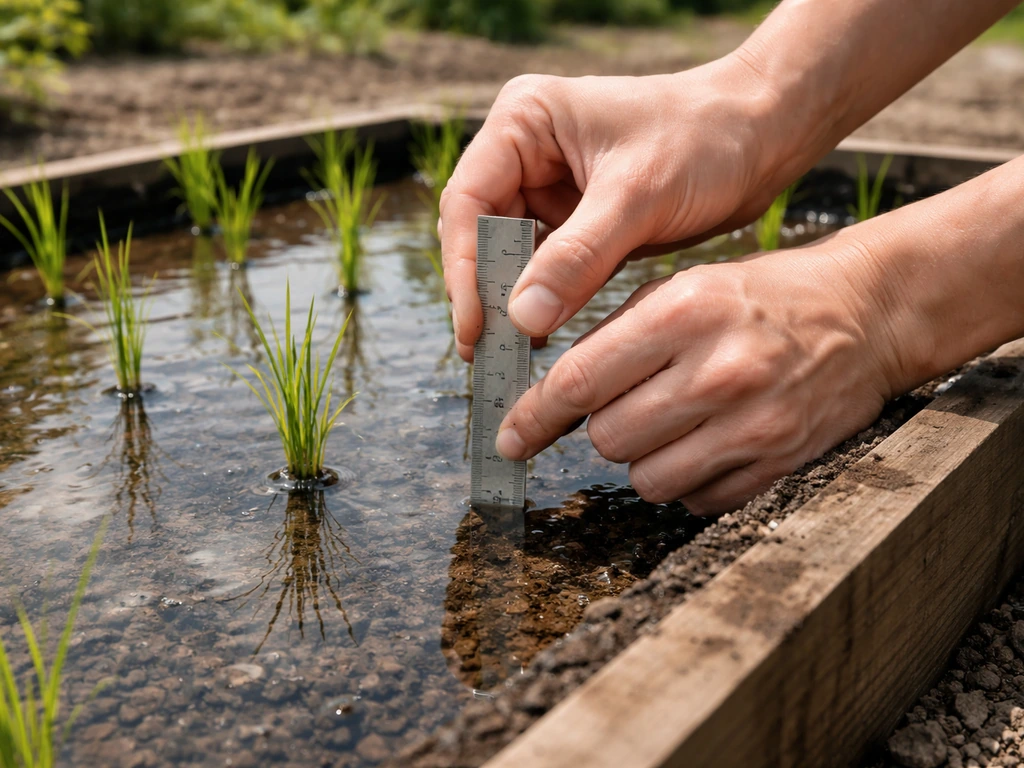 Hands using a small ruler to check 2–3 inches water depth in a mini rice patch in full sun.