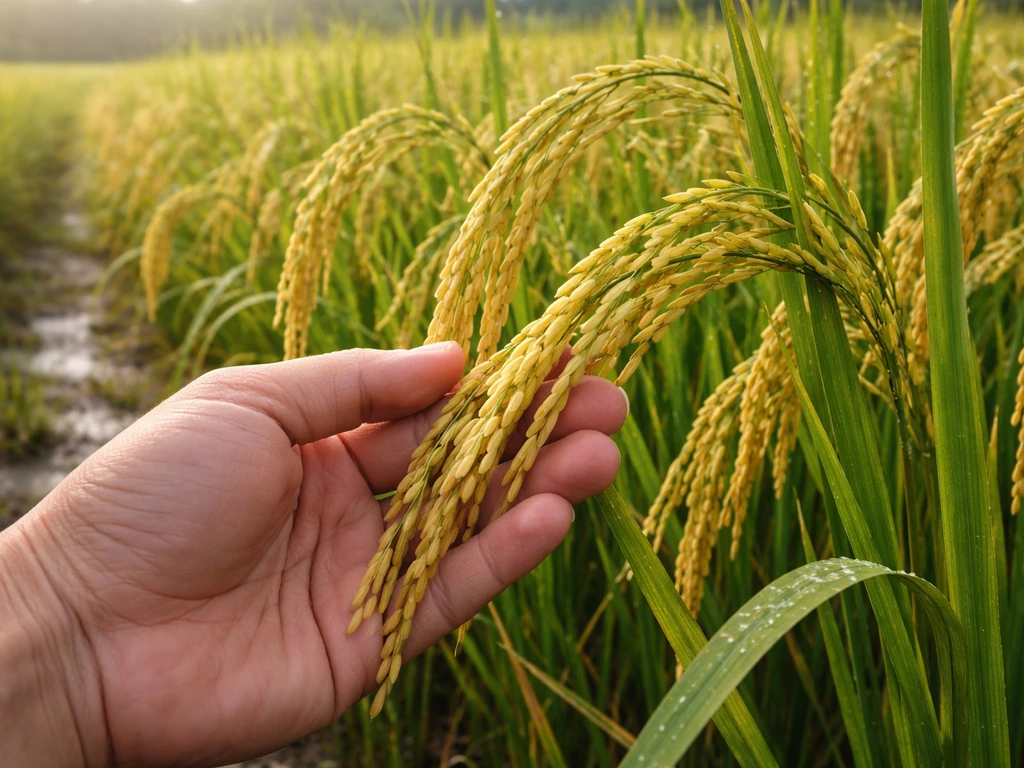 Golden-yellow rice panicles on drooping rice plants, close hand-and-plant view ready to harvest.