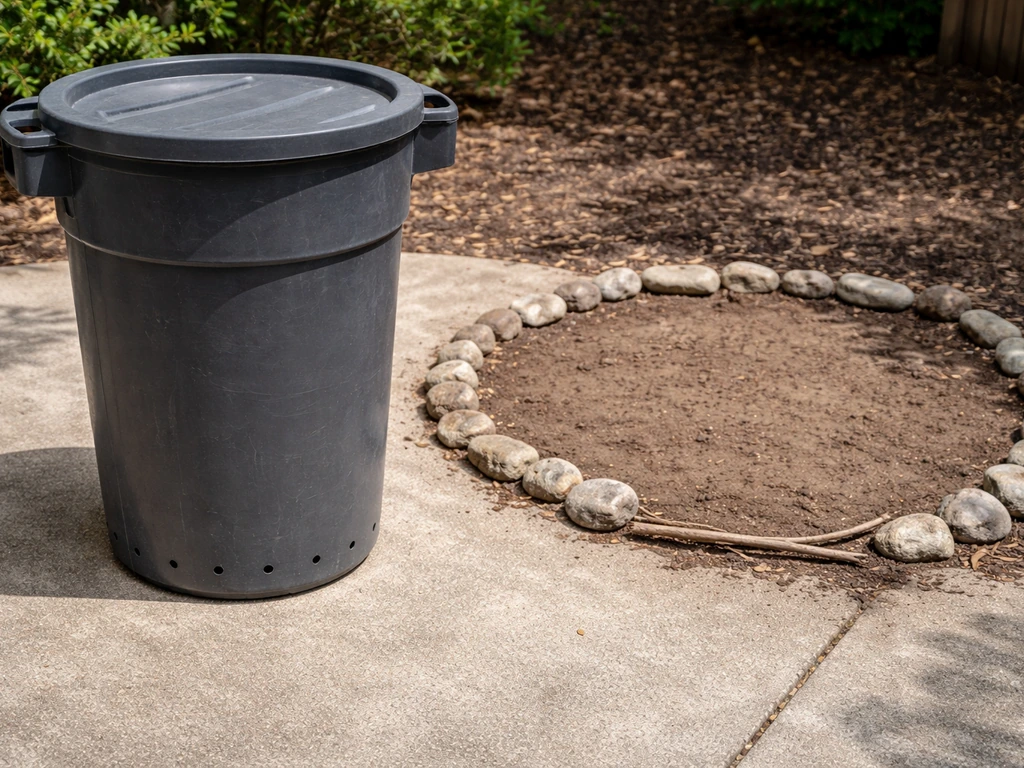 20-gallon plastic trash can on a patio with drilled drainage holes and clear, empty placement area for compost