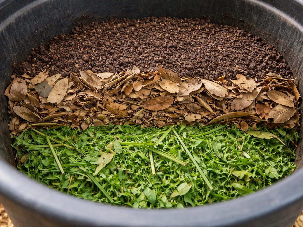 Close-up of a trash can interior showing alternating green and brown compost layers topped with finished compost