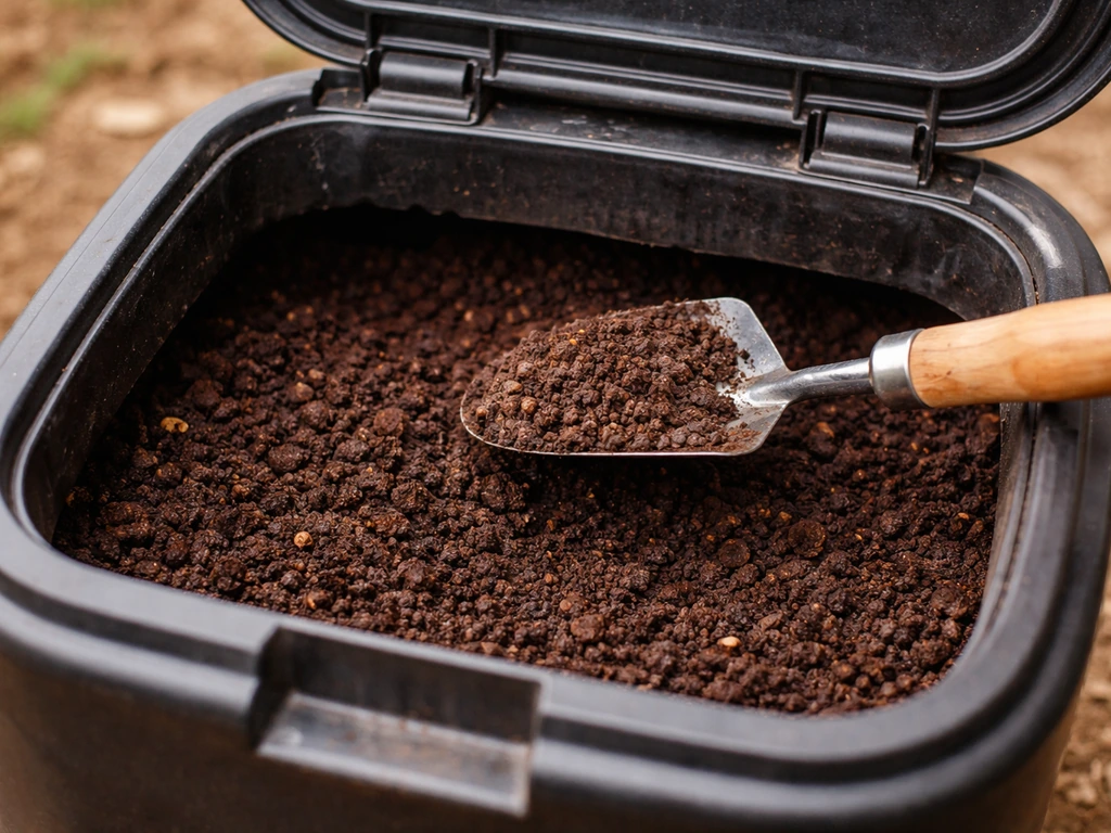 Dark, crumbly finished compost being loosened with a small trowel from a trash-can