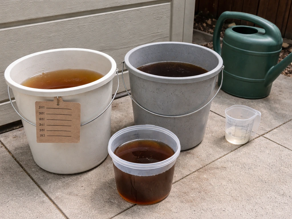 Two labeled buckets of compost leachate/tea with dilution-ready liquid, set on a garden shed floor.