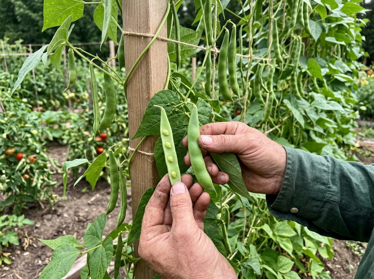 Green bean vine with a mix of flat and properly filled pods