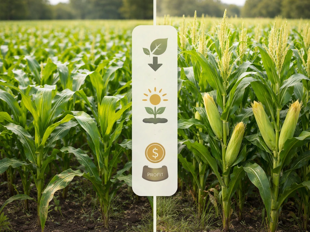 Split field photo: left plants show less pest damage, right plants show stronger high-yield growth.