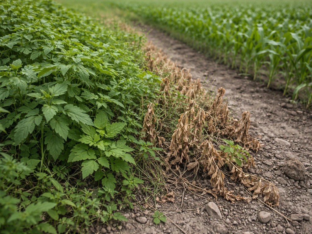 Close-up weed patch with vigorous and stressed plants beside a neighboring crop border.
