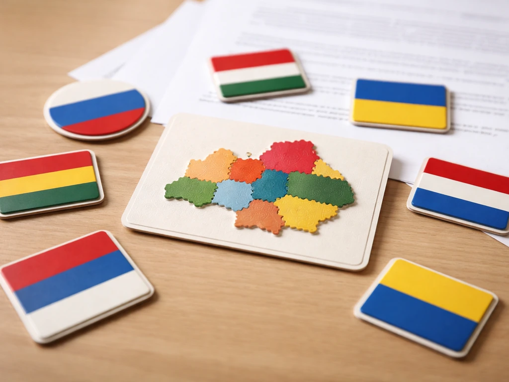Tabletop patchwork of country and region flag-like cards suggesting different cultivation rules by region.