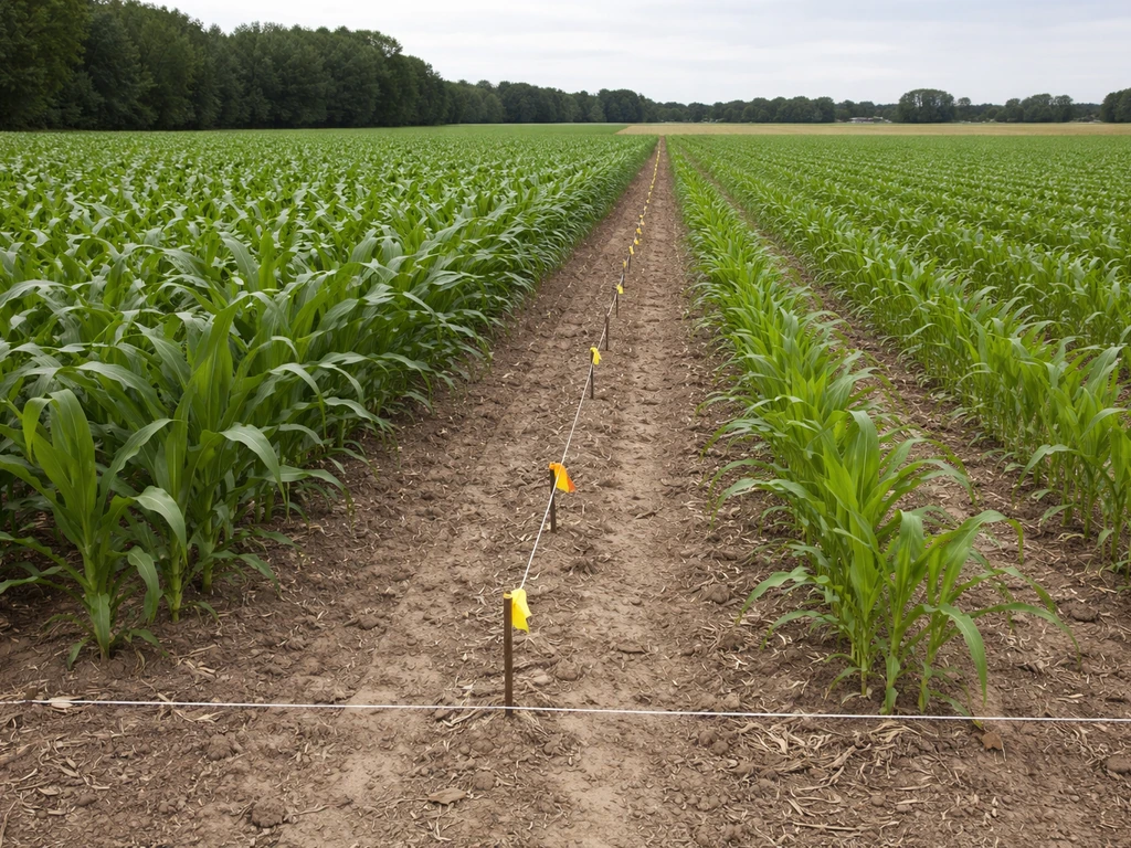 Field with planted rows and a marked refuge area of non-Bt plants using small stakes and flags.