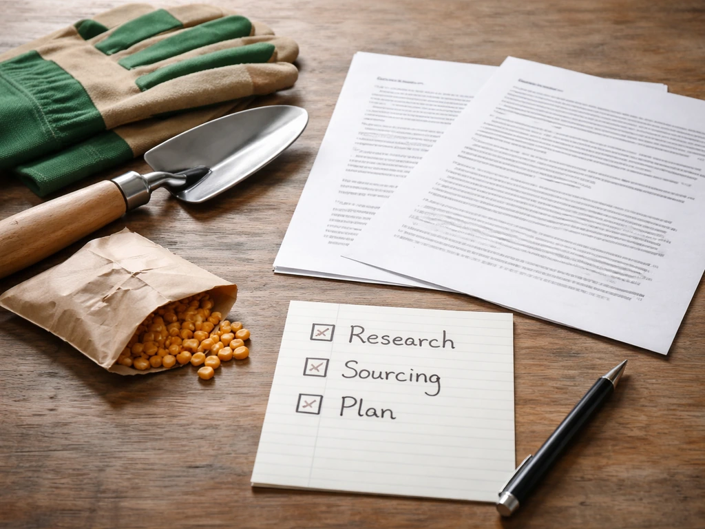 Gardening tools beside printed government guidance pages and a simple labeled checklist on a tabletop