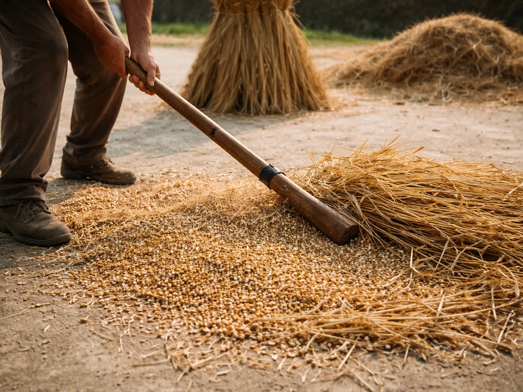Rural yard threshing dry wheat stalks with a small pile of chaff and kernels ready for milling.