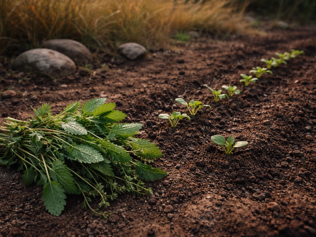 Wild foraged greens beside fresh seedlings near a simple campsite garden plot