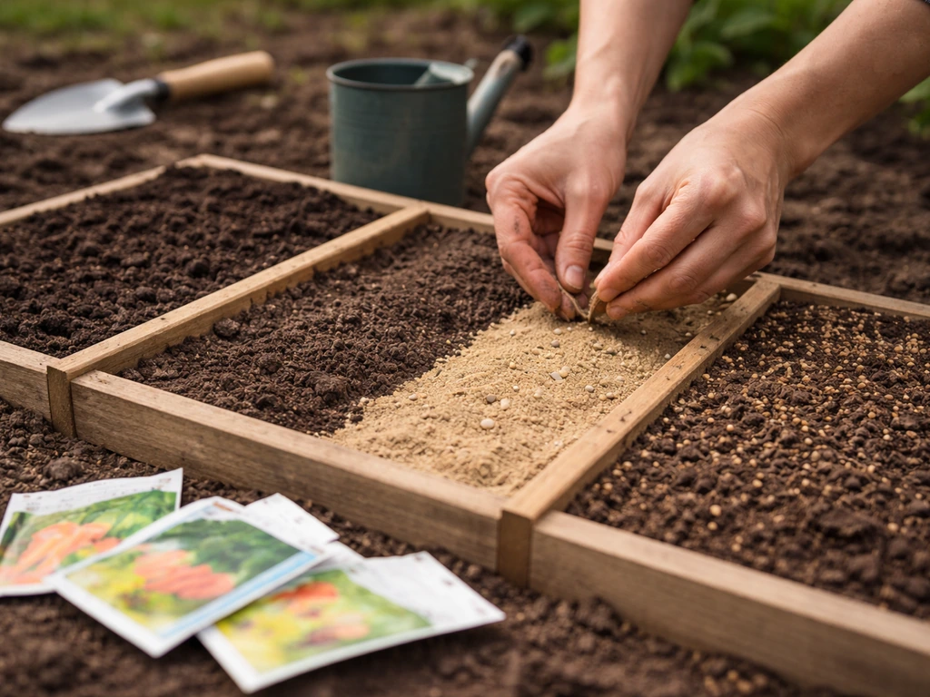 Gardening hands sowing seeds into adjacent beds with different soil textures, seed packets nearby.