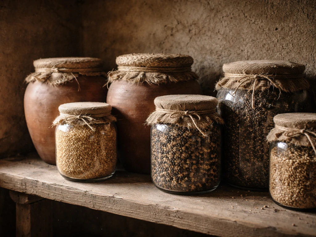 Clay jars and sealed containers filled with grain and seeds, highlighting storage as crop learning