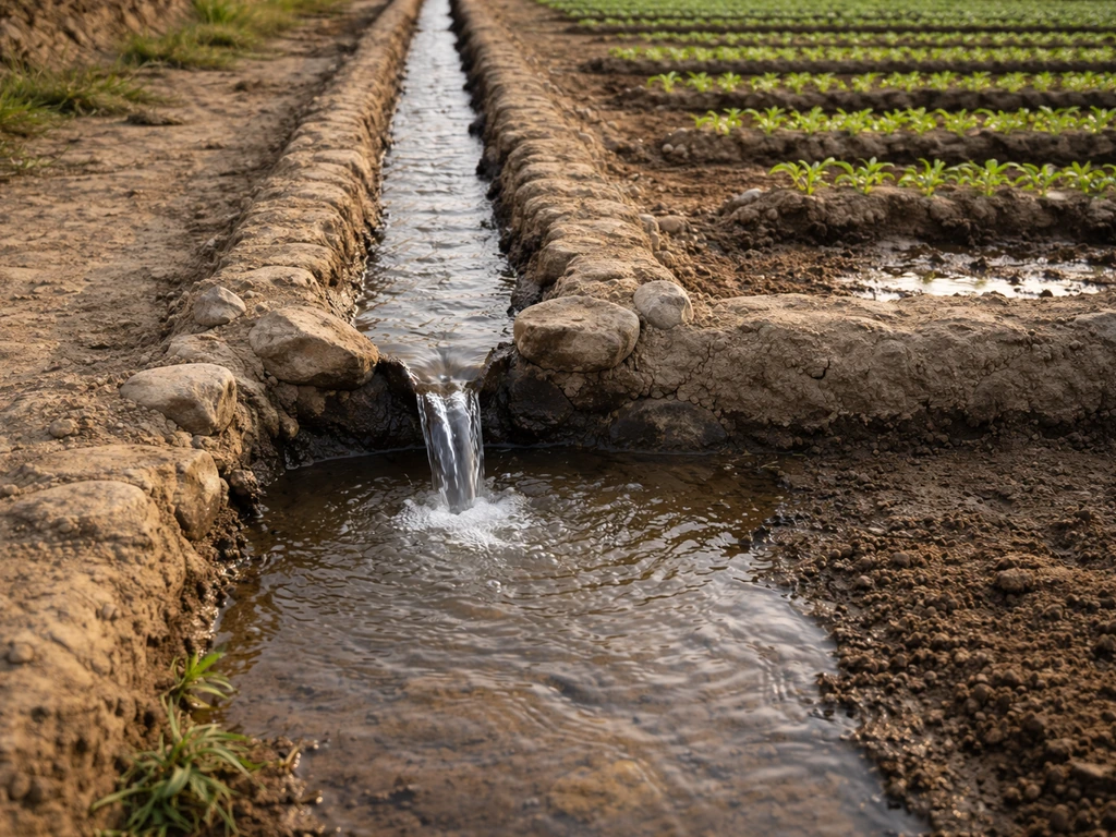 Ancient-style canal ditch channeling water into simple crop beds with soil and small stones