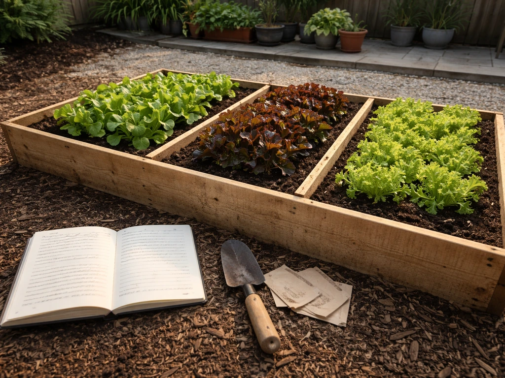 Small backyard garden bed with three crop varieties growing, a seed notebook, and simple hand tools