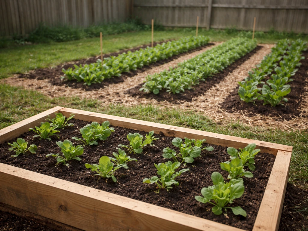 Raised backyard garden bed and a larger vegetable plot with rows of leafy greens side by side.