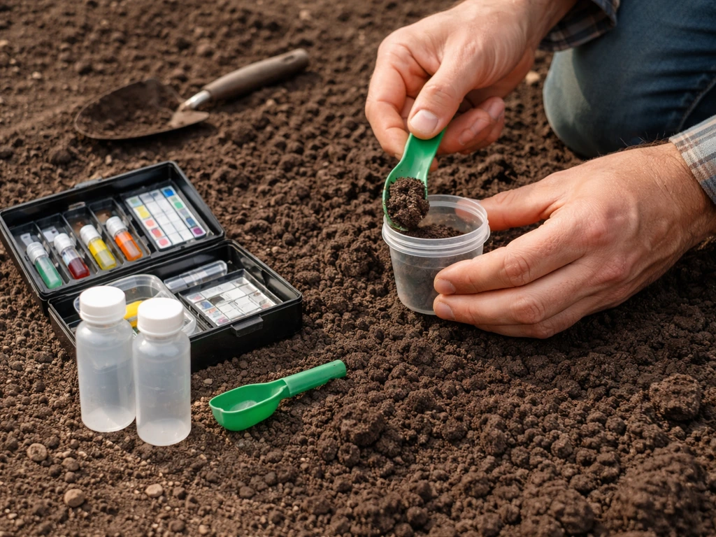 Hands collecting a soil sample in a small container beside pH and nutrient test kit items on soil