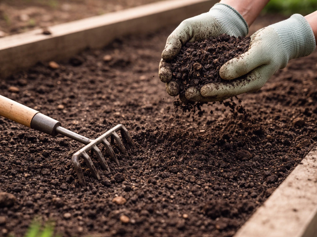 Hands spreading compost over an existing garden bed, then lightly mixing into the soil surface.