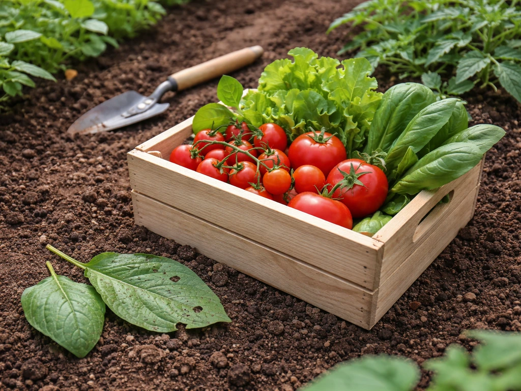 Close-up of a garden crate of harvested vegetables beside inspected leaves showing pest damage.